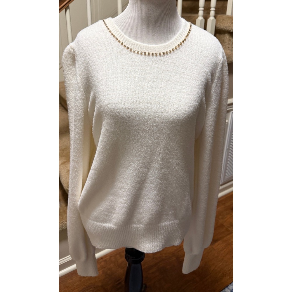 Draper James RSVP Womens Cream Rhinestone Neck Puff Sleeve Sweater Large